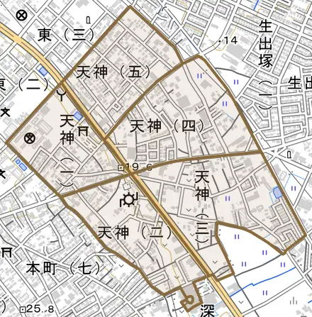 天神とその周辺の地図。町の範囲を重ねている