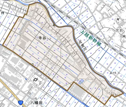 寺谷とその周辺の地図。町の範囲を重ねている