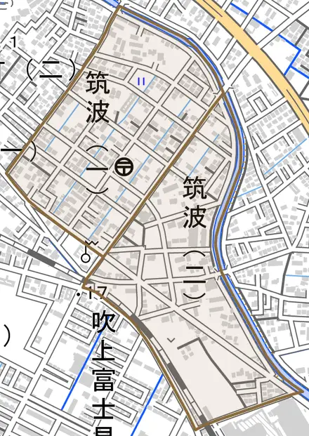 筑波とその周辺の地図。町の範囲を重ねている