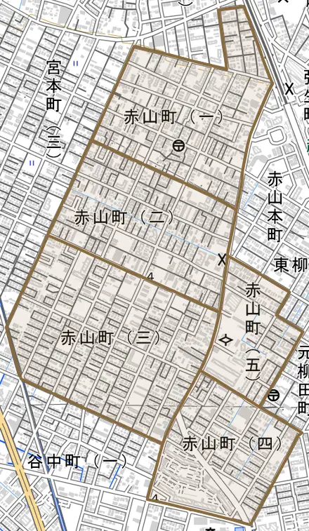 赤山町とその周辺の地図。町の範囲を重ねている