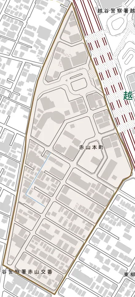 赤山本町とその周辺の地図。町の範囲を重ねている