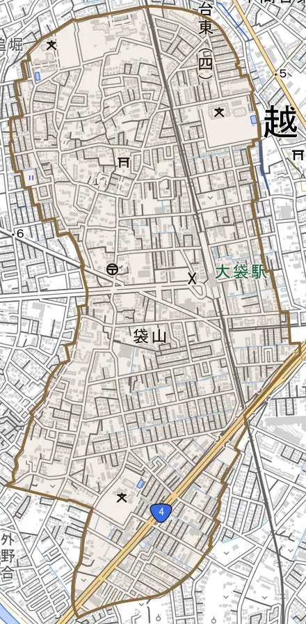 大字袋山とその周辺の地図。町の範囲を重ねている
