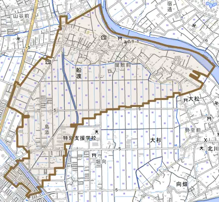 大字船渡とその周辺の地図。町の範囲を重ねている