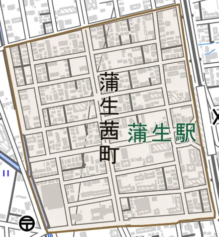 蒲生茜町とその周辺の地図。町の範囲を重ねている