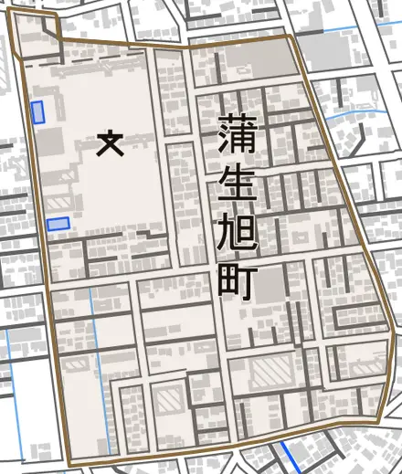 蒲生旭町とその周辺の地図。町の範囲を重ねている