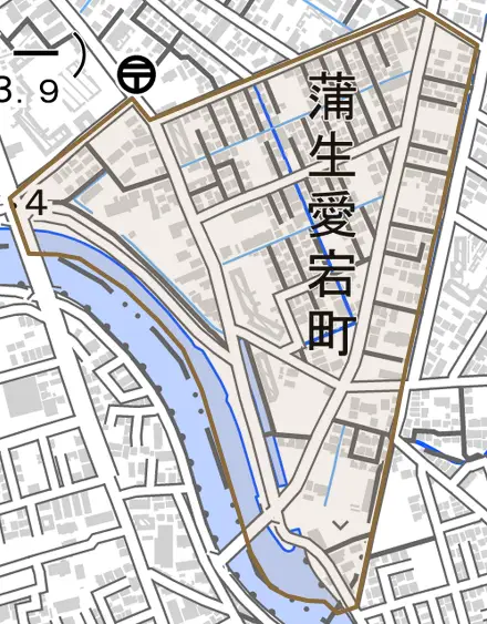 蒲生愛宕町とその周辺の地図。町の範囲を重ねている