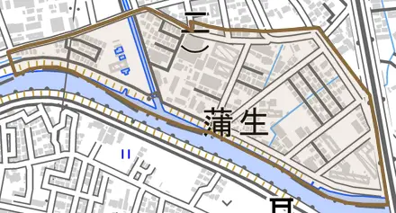 大字蒲生とその周辺の地図。町の範囲を重ねている
