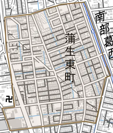 蒲生東町とその周辺の地図。町の範囲を重ねている