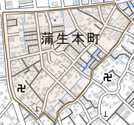 蒲生本町とその周辺の地図。町の範囲を重ねている