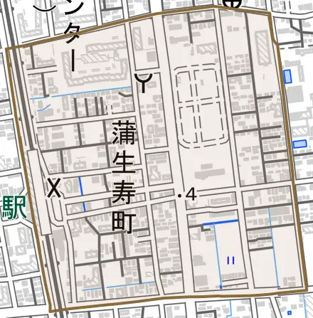 蒲生寿町とその周辺の地図。町の範囲を重ねている