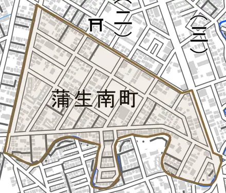 蒲生南町とその周辺の地図。町の範囲を重ねている