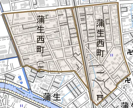 蒲生西町とその周辺の地図。町の範囲を重ねている