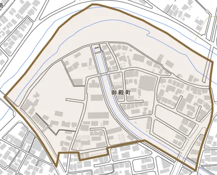 御殿町とその周辺の地図。町の範囲を重ねている