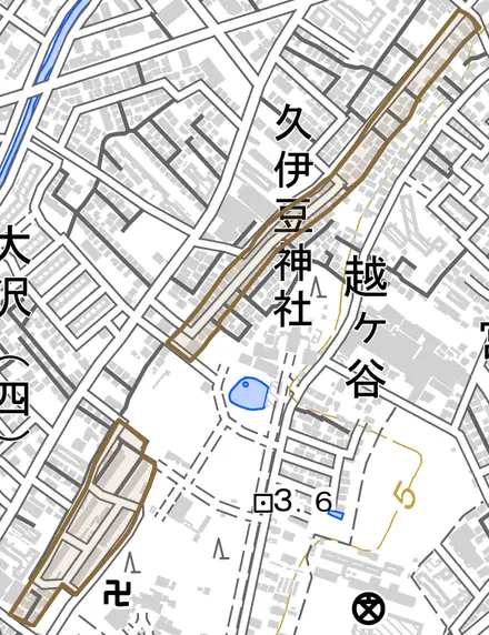 大字花田とその周辺の地図。町の範囲を重ねている