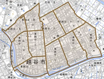 東越谷とその周辺の地図。町の範囲を重ねている