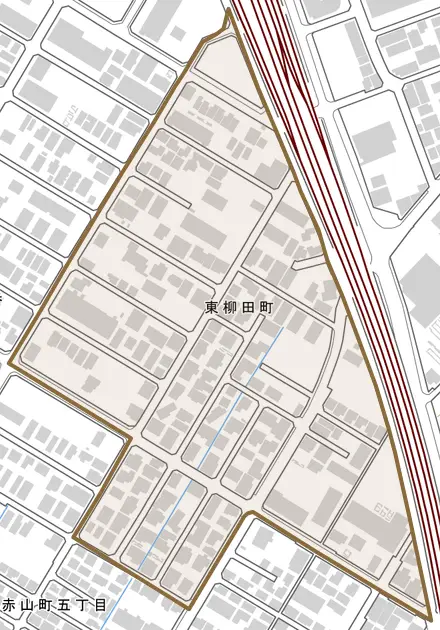 東柳田町とその周辺の地図。町の範囲を重ねている