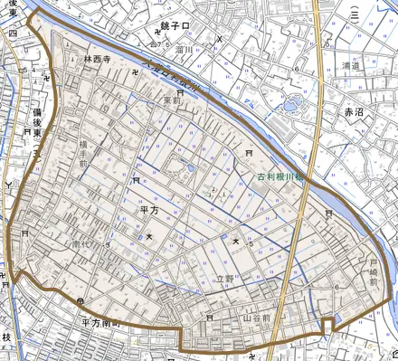 大字平方とその周辺の地図。町の範囲を重ねている