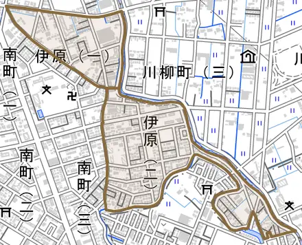 伊原とその周辺の地図。町の範囲を重ねている