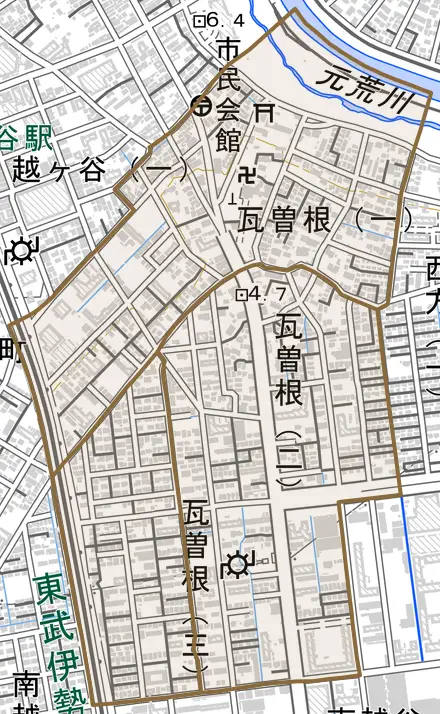瓦曽根とその周辺の地図。町の範囲を重ねている