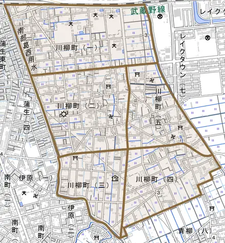 川柳町とその周辺の地図。町の範囲を重ねている
