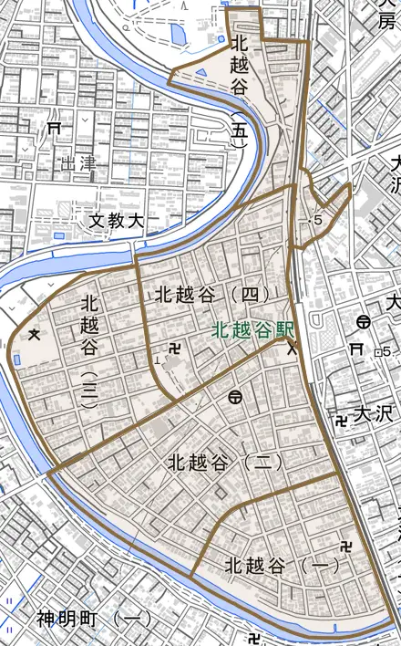 北越谷とその周辺の地図。町の範囲を重ねている