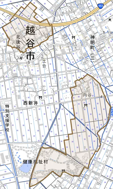 大字北後谷とその周辺の地図。町の範囲を重ねている