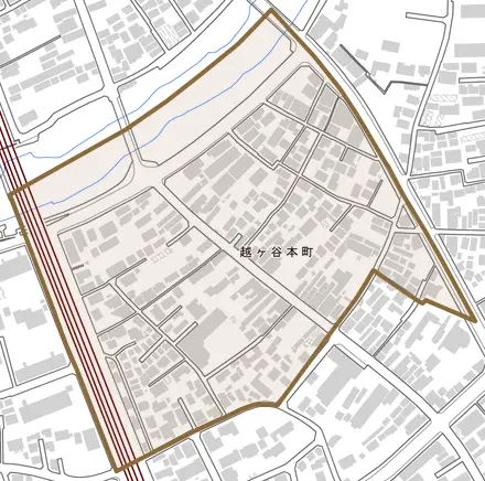 越ヶ谷本町とその周辺の地図。町の範囲を重ねている