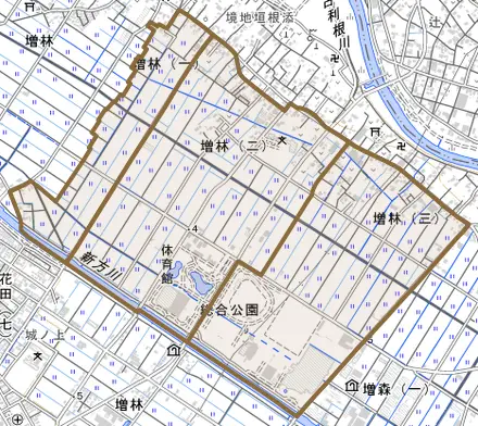 増林とその周辺の地図。町の範囲を重ねている