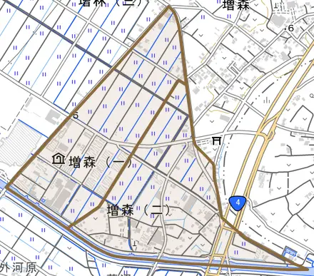 増森とその周辺の地図。町の範囲を重ねている