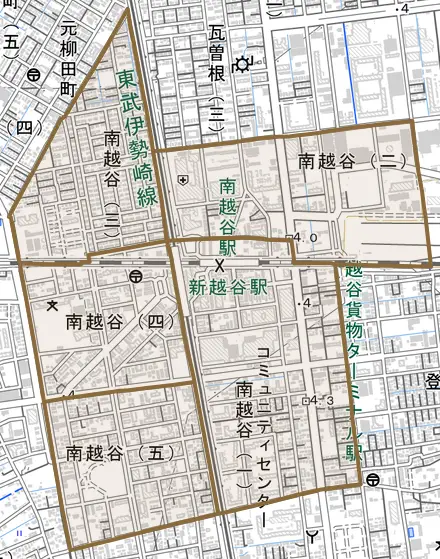 南越谷とその周辺の地図。町の範囲を重ねている