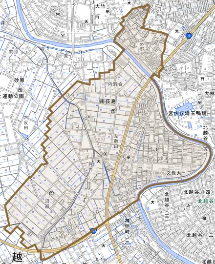 大字南荻島とその周辺の地図。町の範囲を重ねている
