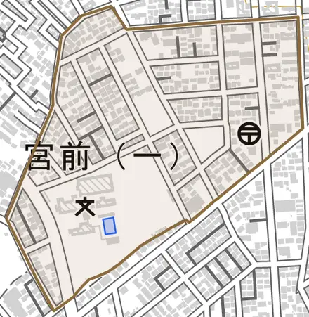 宮前とその周辺の地図。町の範囲を重ねている