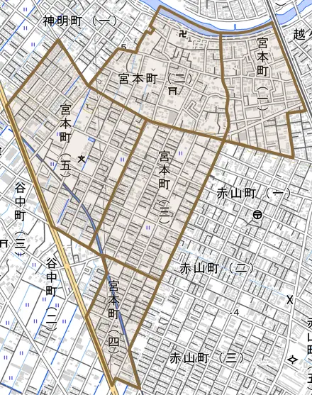 宮本町とその周辺の地図。町の範囲を重ねている