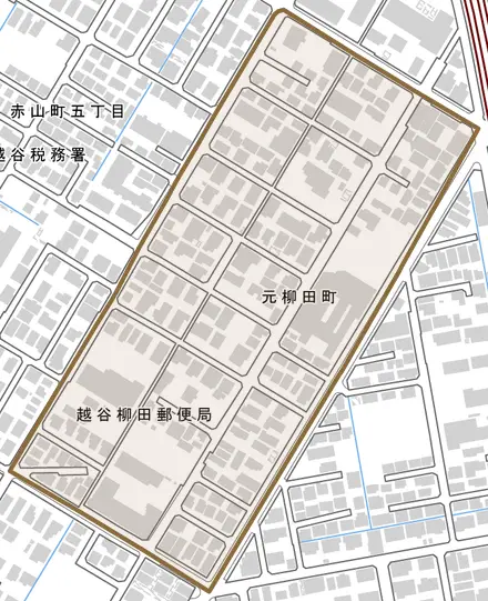 元柳田町とその周辺の地図。町の範囲を重ねている