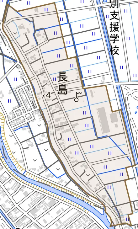 大字長島とその周辺の地図。町の範囲を重ねている