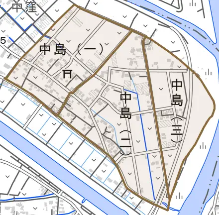 中島とその周辺の地図。町の範囲を重ねている