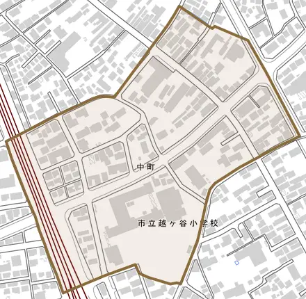 中町とその周辺の地図。町の範囲を重ねている