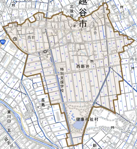 大字西新井とその周辺の地図。町の範囲を重ねている