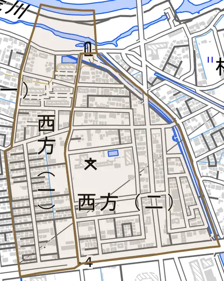 西方とその周辺の地図。町の範囲を重ねている