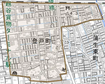登戸町とその周辺の地図。町の範囲を重ねている