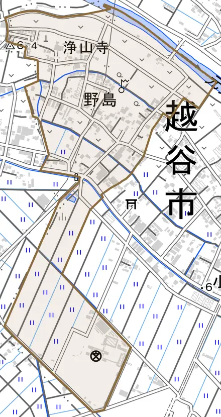 大字野島とその周辺の地図。町の範囲を重ねている