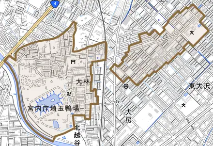 大字大林とその周辺の地図。町の範囲を重ねている