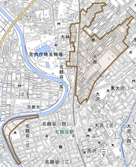 大字大房とその周辺の地図。町の範囲を重ねている