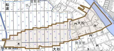 大字大松とその周辺の地図。町の範囲を重ねている