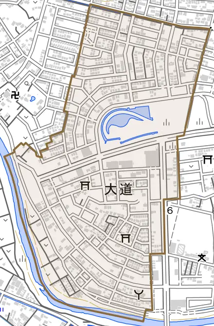 大字大道とその周辺の地図。町の範囲を重ねている