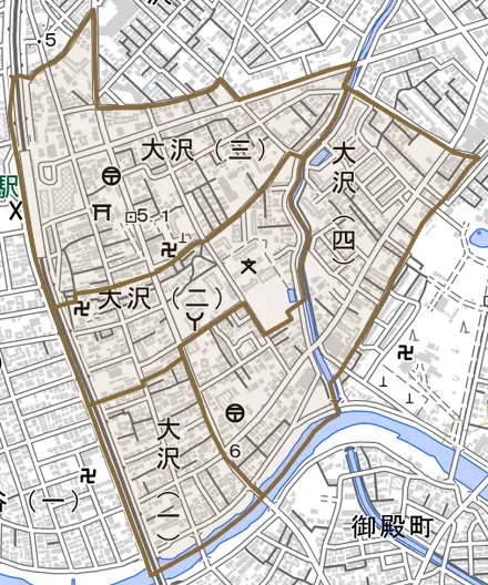 大沢とその周辺の地図。町の範囲を重ねている