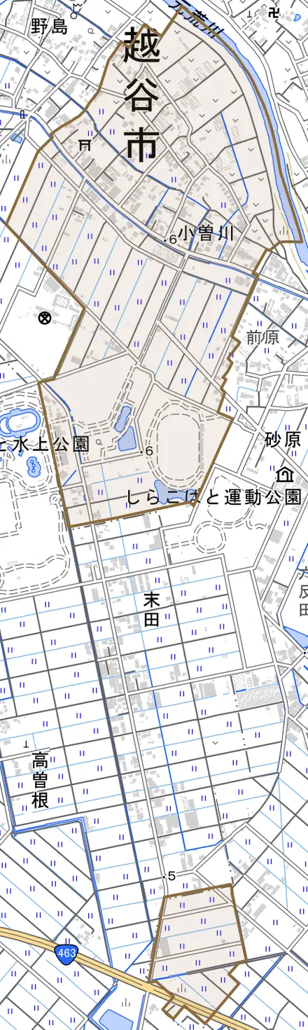 大字小曽川とその周辺の地図。町の範囲を重ねている