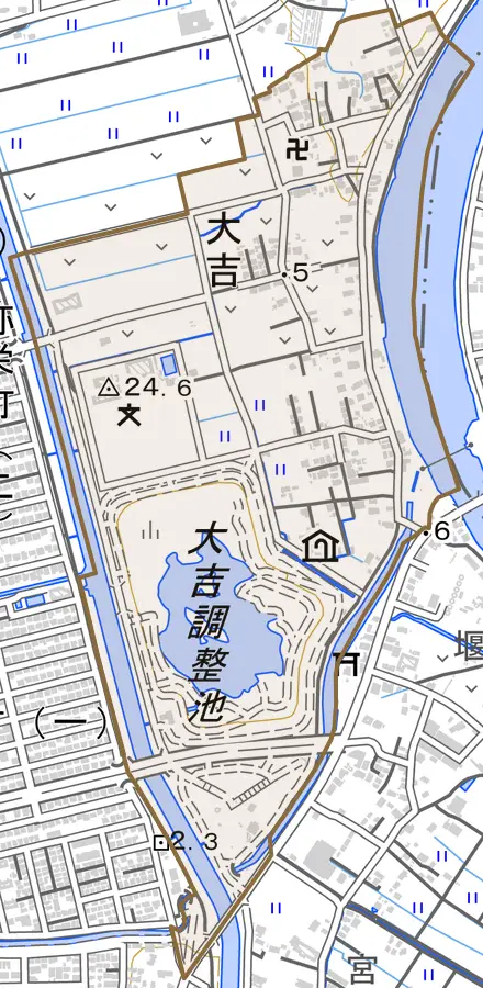 大字大吉とその周辺の地図。町の範囲を重ねている