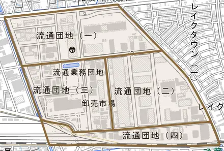 流通団地とその周辺の地図。町の範囲を重ねている