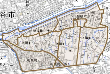 相模町とその周辺の地図。町の範囲を重ねている
